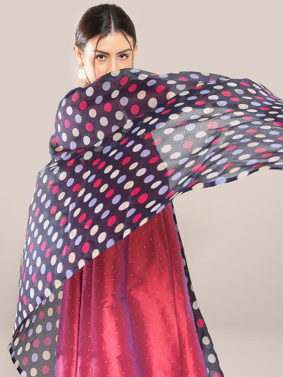 Polka Digital Printed Navy Blue & Pink Kota Doria Dupatta freeshipping - Dupatta Bazaar