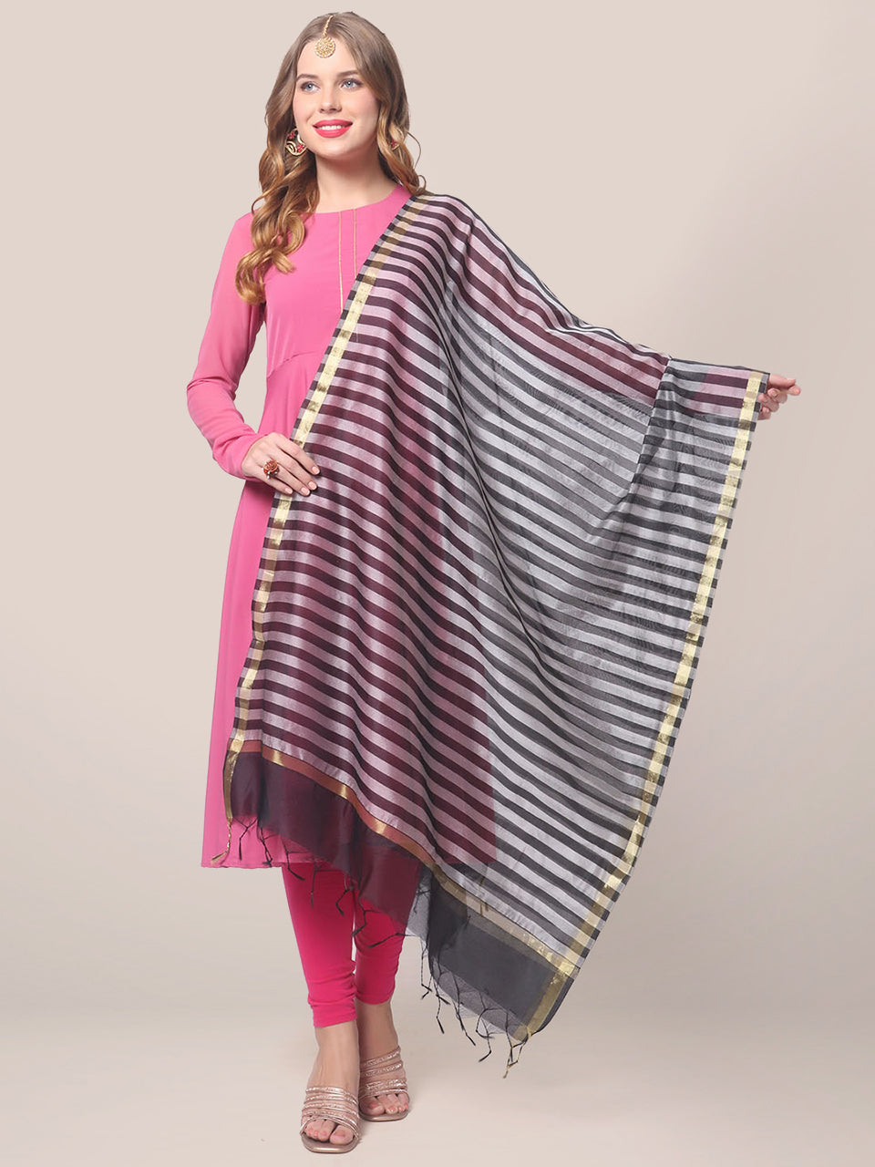 Blended Silk Dupatta with Black and Silver stripes freeshipping - Dupatta Bazaar