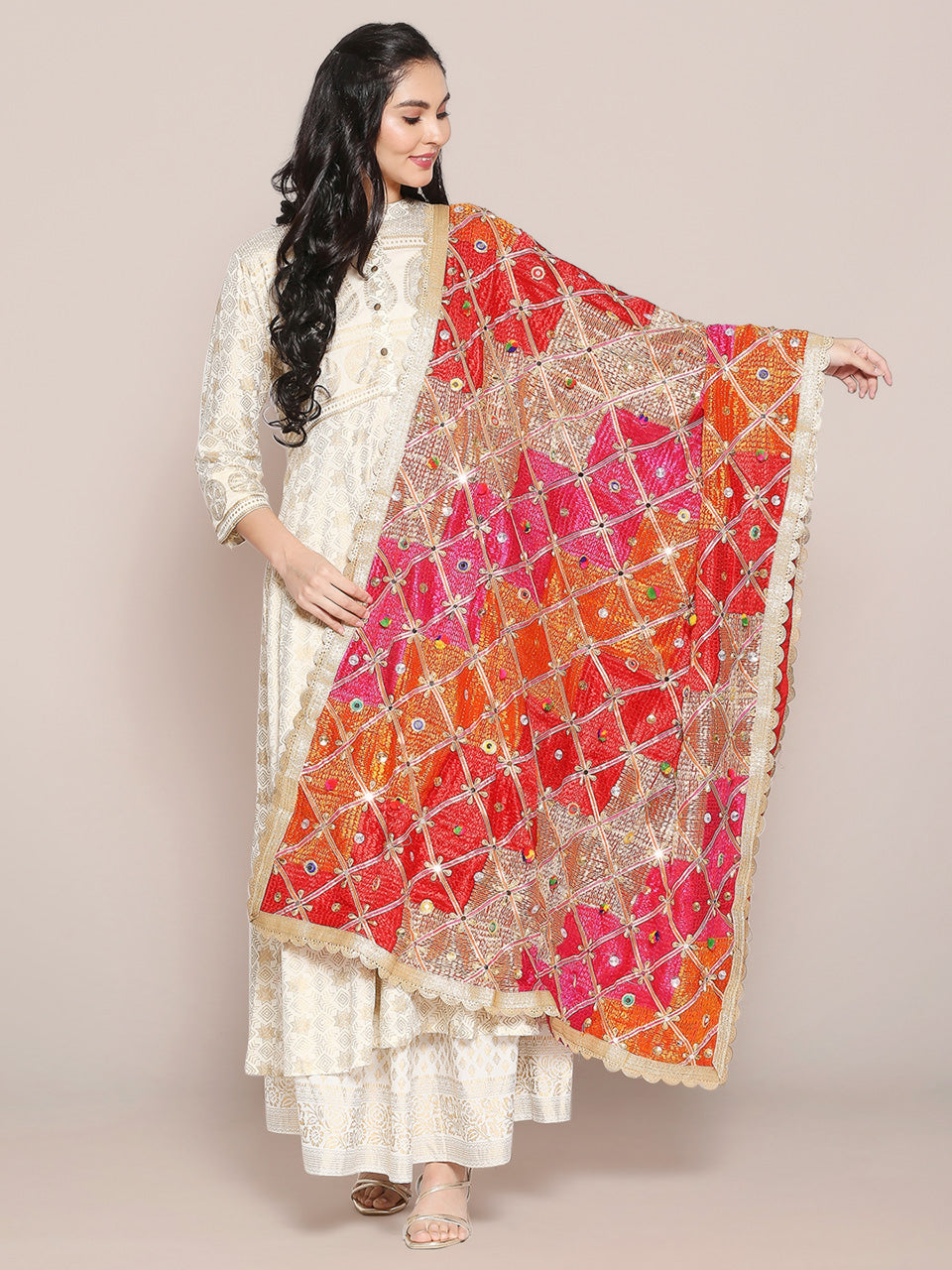 Multicoloured Embellished Phulkari Chiffon Dupatta freeshipping - Dupatta Bazaar