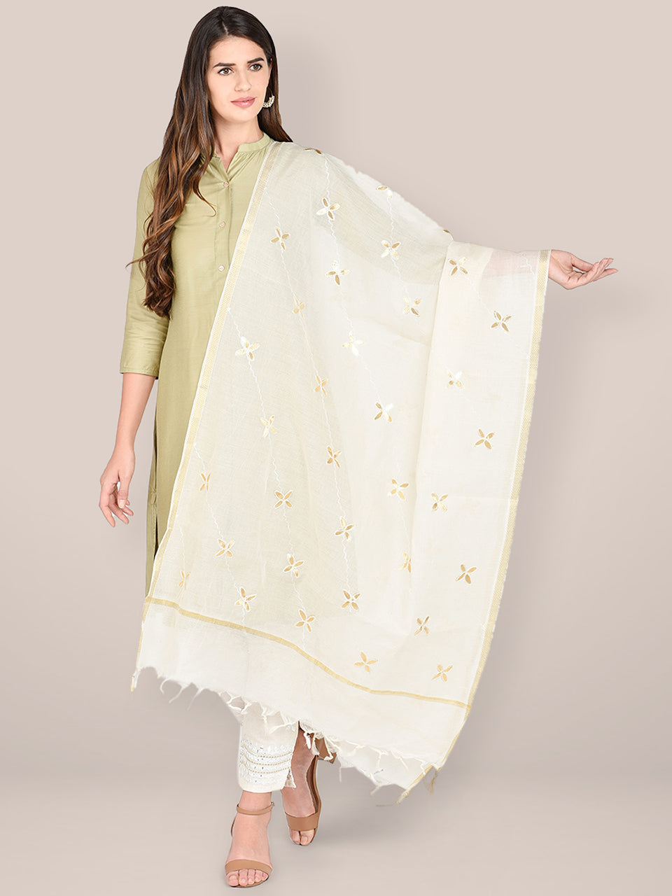 Cream Cotton Dupatta with Gotta Patti Work freeshipping - Dupatta Bazaar
