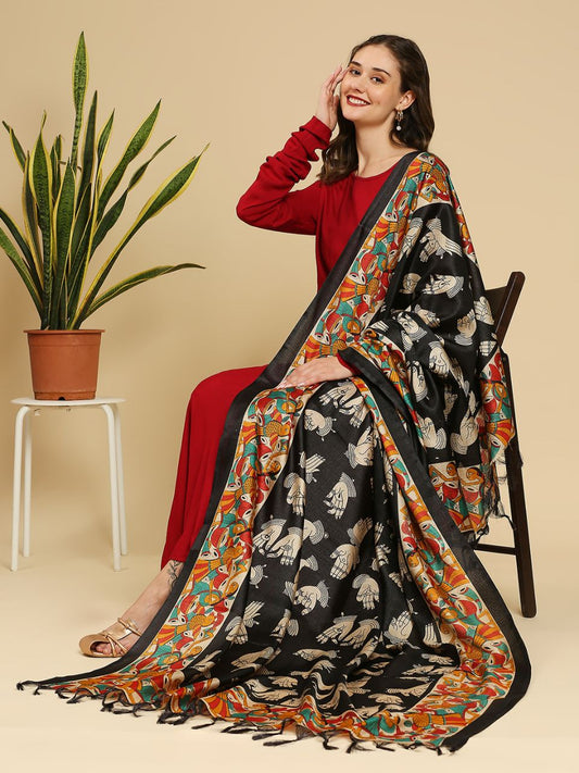 Ethnic Printed Black & Multi Art Silk Dupatta