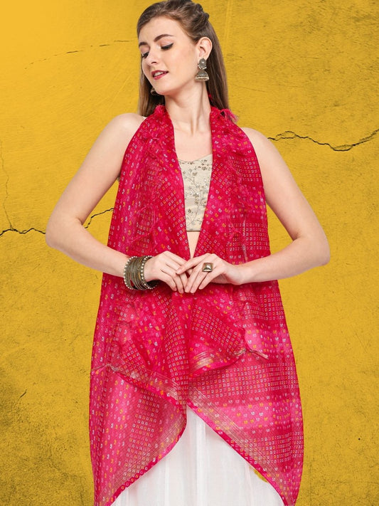 Digital Printed Pink Bandhini Kota Doria Dupatta