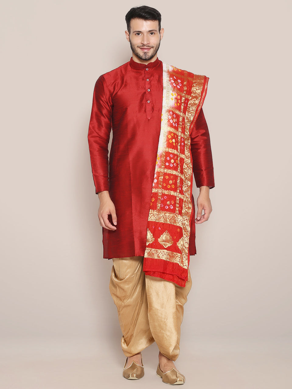 Men's White & Red Banarasi Bandhani Gharchola Silk freeshipping - Dupatta Bazaar