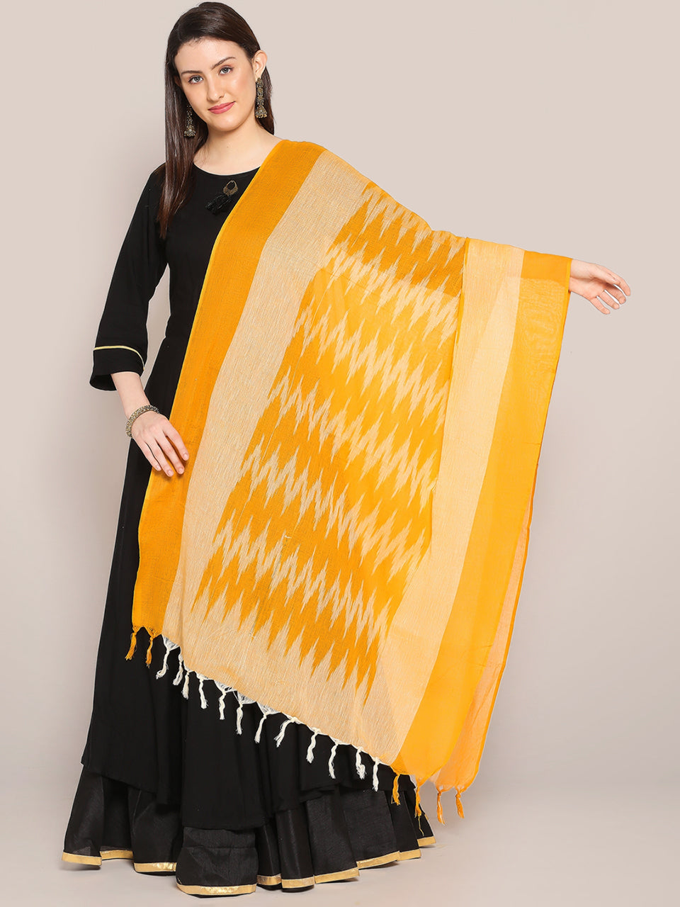Mustard Ikat Pure Cotton Dupatta freeshipping - Dupatta Bazaar