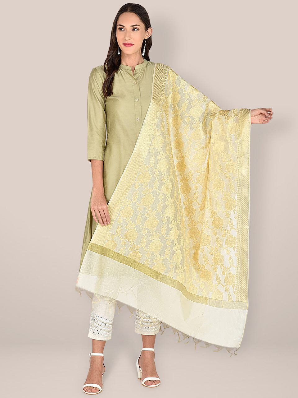 Banarasi Off White Silk Dupatta with Floral Jaal freeshipping - Dupatta Bazaar