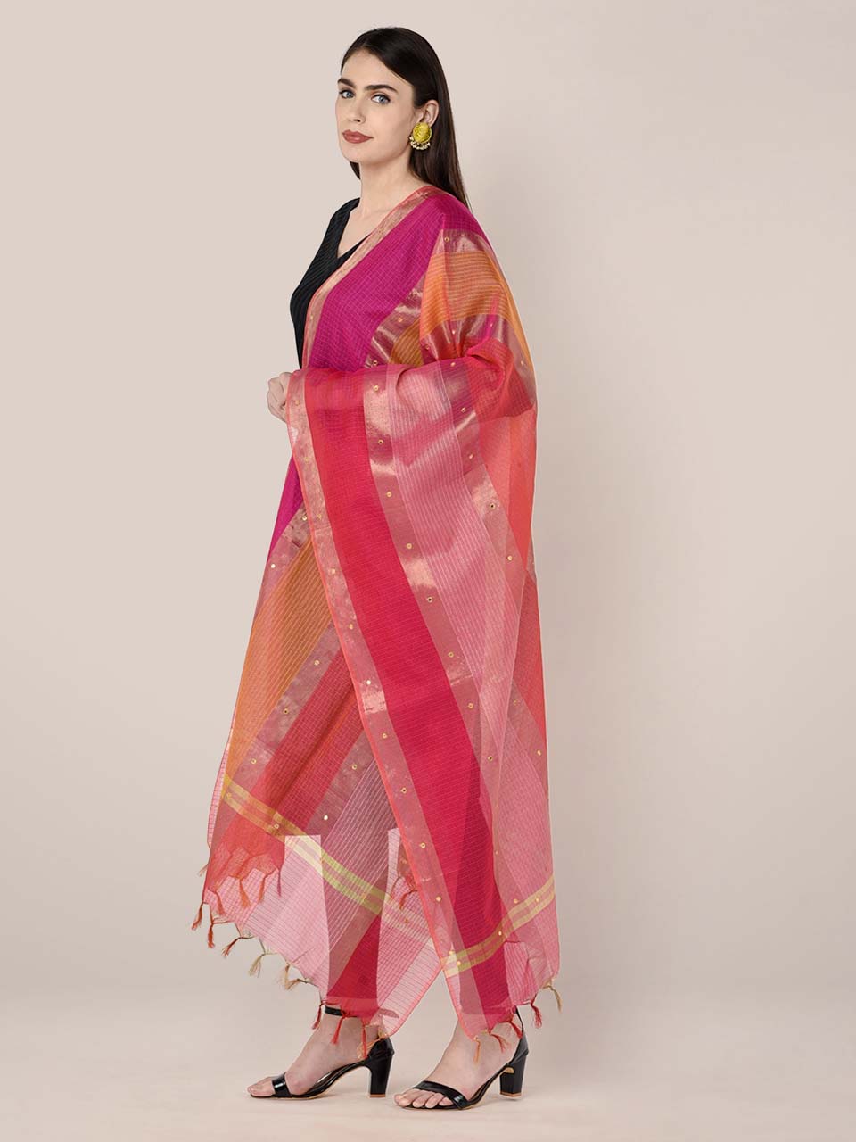 Striped Blended Silk Pink Multicolored Dupatta freeshipping - Dupatta Bazaar