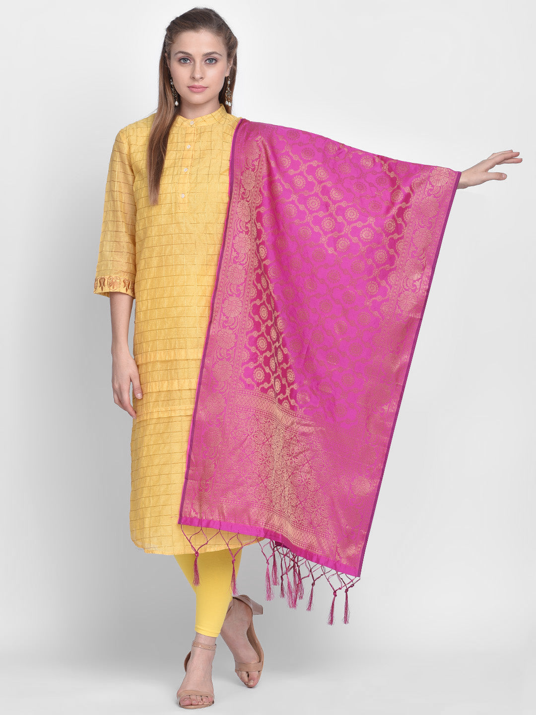 Dupatta Bazaar Woman's Pink Banarasi Silk Dupatta with floral design. - Dupatta Bazaar