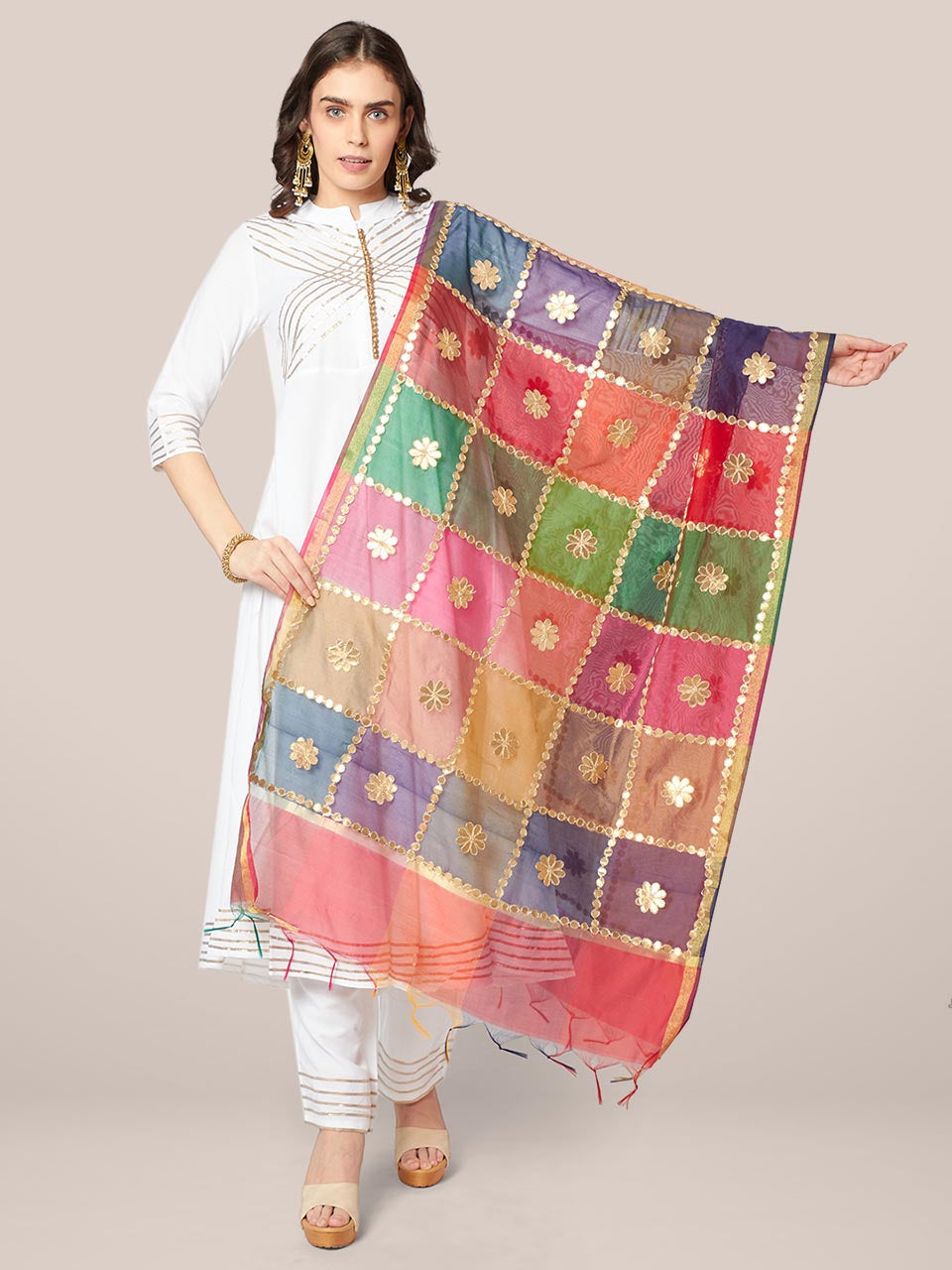 Multicoloured Checkered Silk Blend Dupatta with Gotta Patti Work freeshipping - Dupatta Bazaar