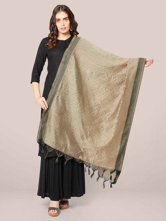 Woven Dark Beige & Black Striped Cotton Chanderi Dupatta freeshipping - Dupatta Bazaar