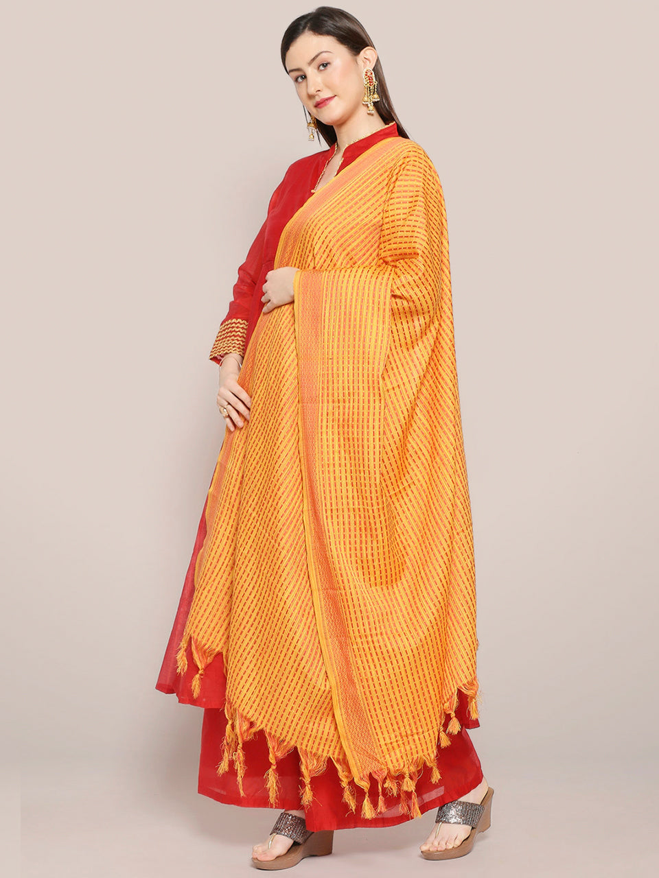 Woven Yellow & Red Checkered Cotton Dupatta with Polka dots freeshipping - Dupatta Bazaar