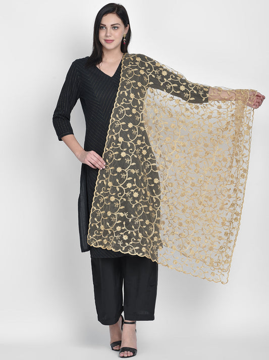 Dupatta Bazaar Woman's Gold Embroidered Net Dupatta - Dupatta Bazaar