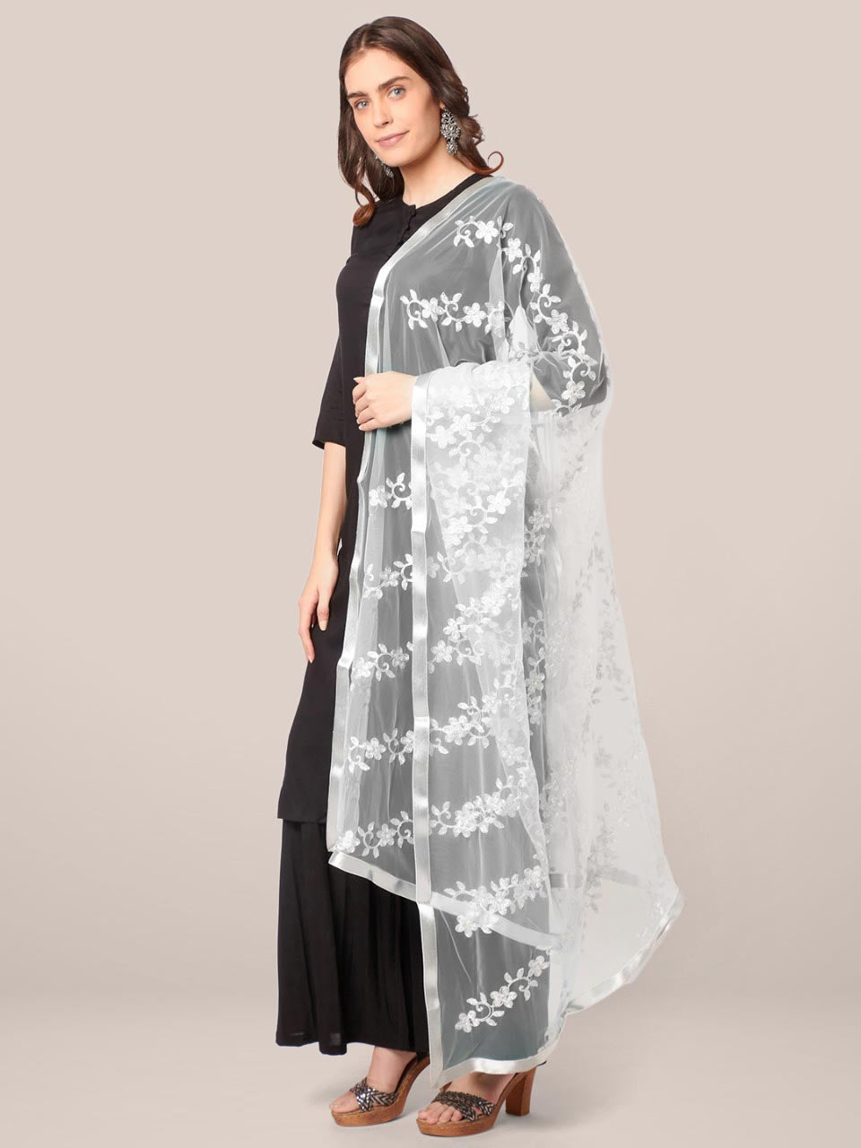 Embroidered Silver Net Dupatta with Satin Border freeshipping - Dupatta Bazaar