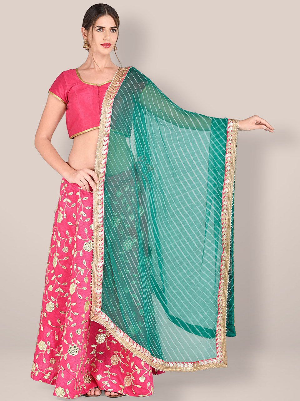 Green Leharia Chiffon Dupatta with Gotta Patti Border freeshipping - Dupatta Bazaar