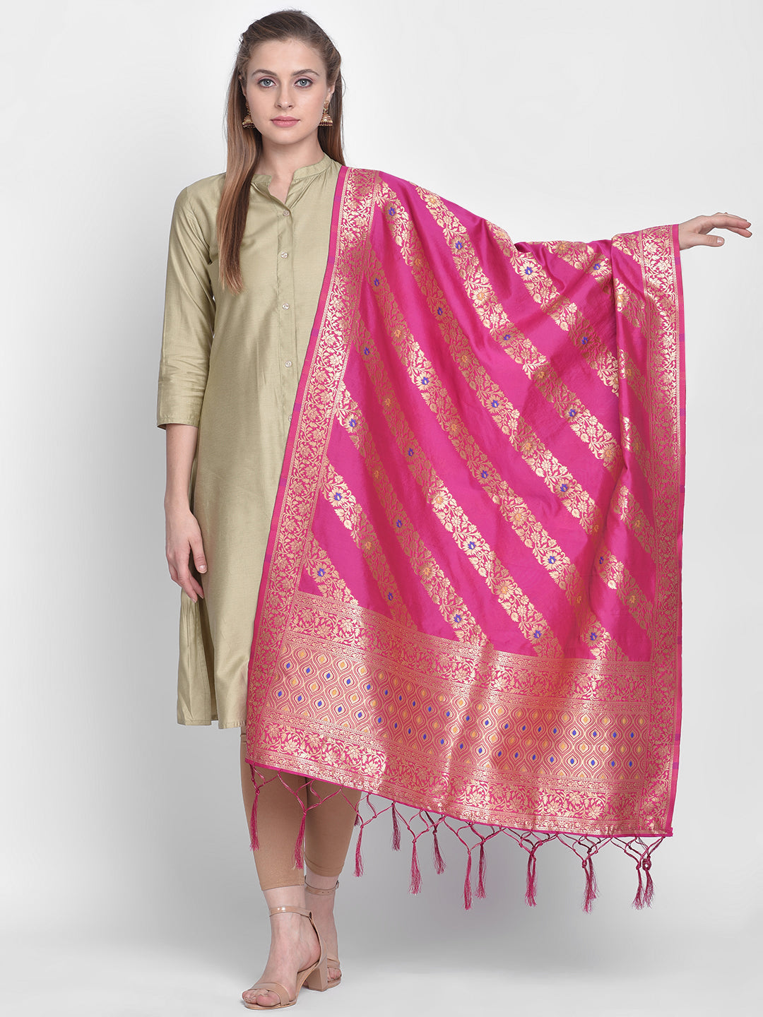 Dupatta Bazaar Woman's Pink Banarasi Silk Dupatta with floral design. - Dupatta Bazaar