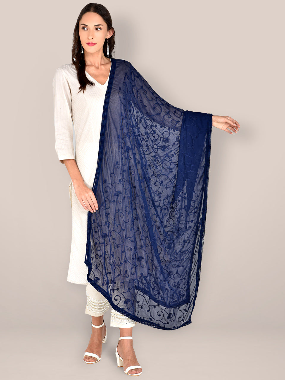 Navy Blue Embroidered  Chiffon Dupatta freeshipping - Dupatta Bazaar
