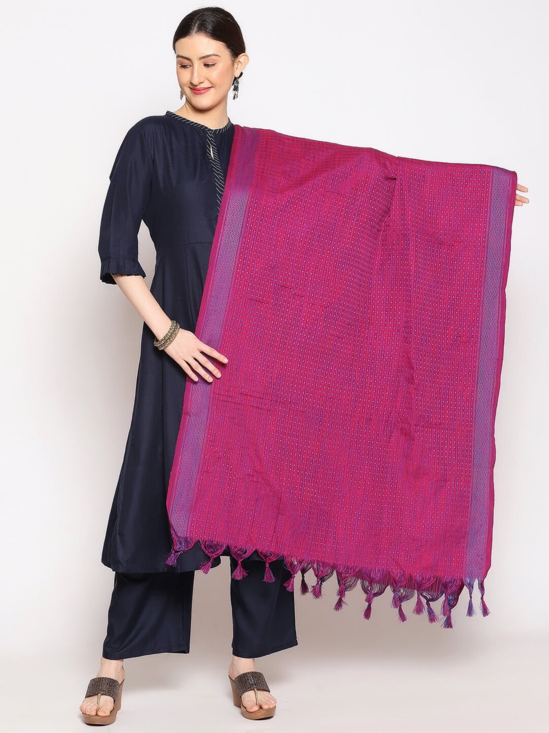 Woven Checkered Cotton Dupatta with Polka dots 