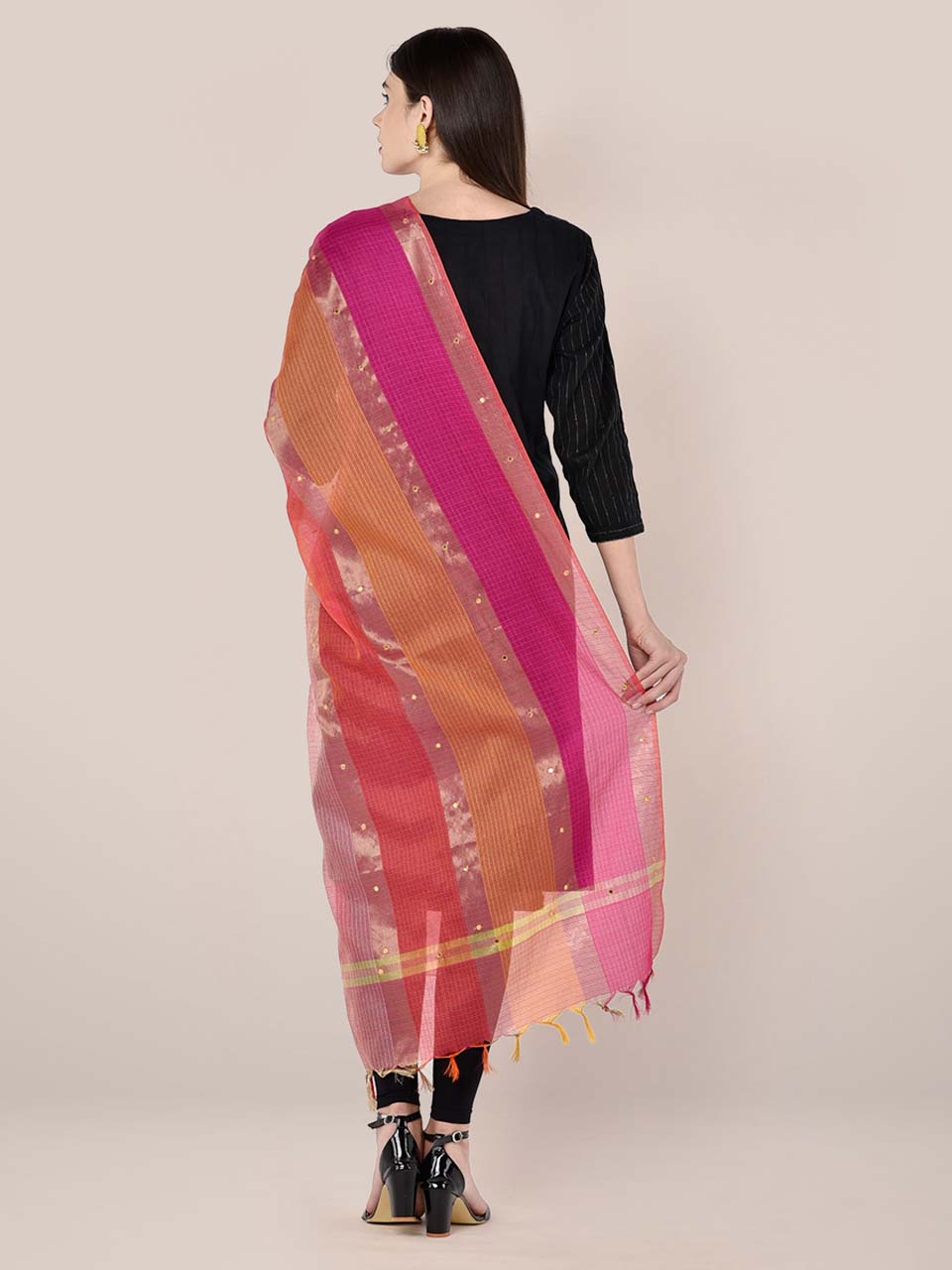 Striped Blended Silk Pink Multicolored Dupatta freeshipping - Dupatta Bazaar