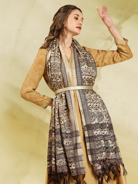 Beige Floral Printed Art Silk Dupatta