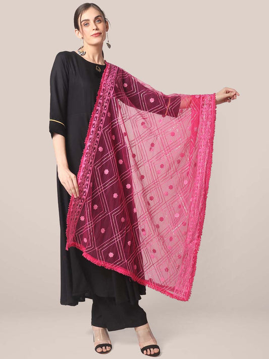 Rani Pink Embroidered Net Dupatta with Sequins Work. freeshipping - Dupatta Bazaar