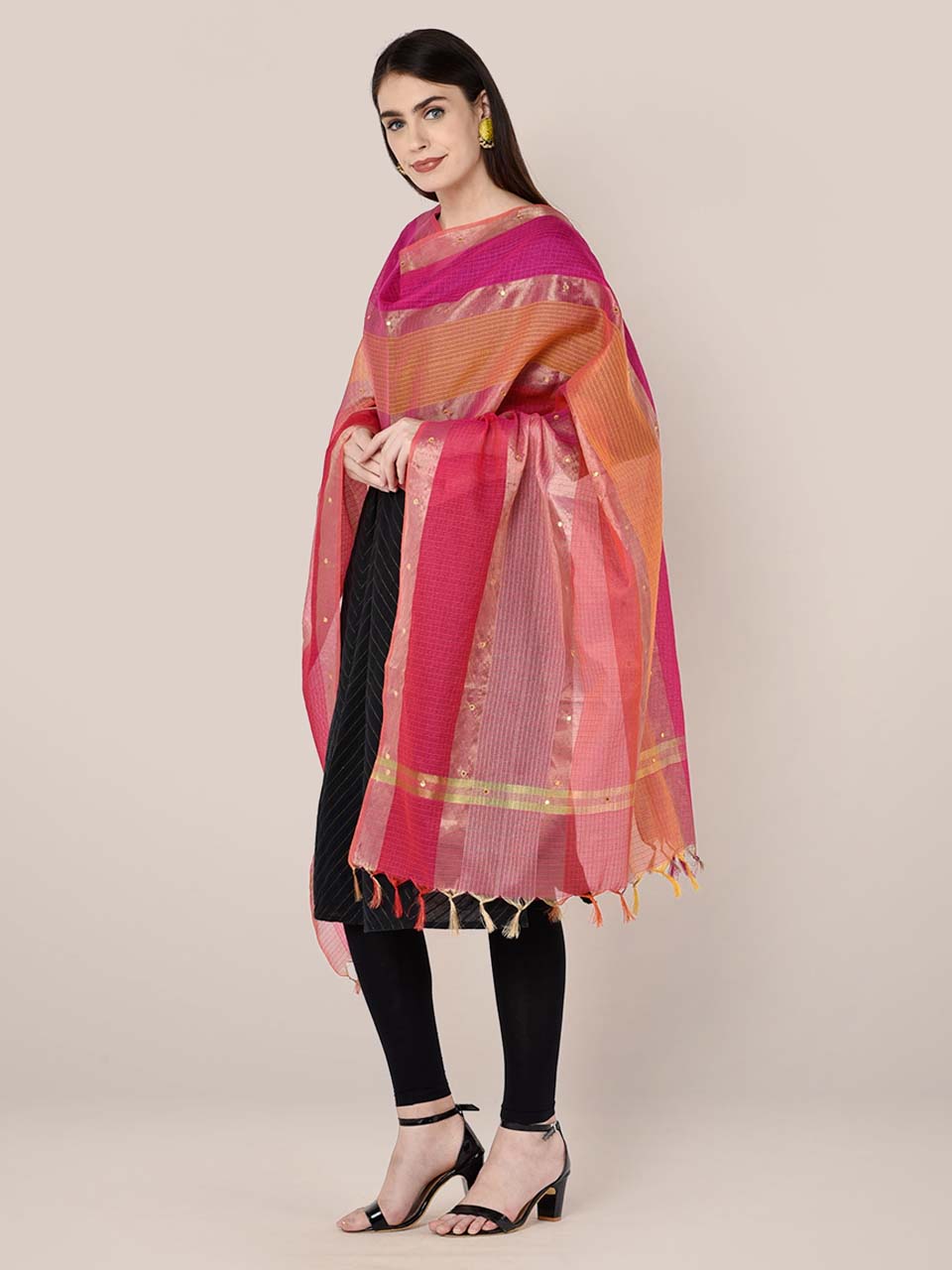 Striped Blended Silk Pink Multicolored Dupatta freeshipping - Dupatta Bazaar