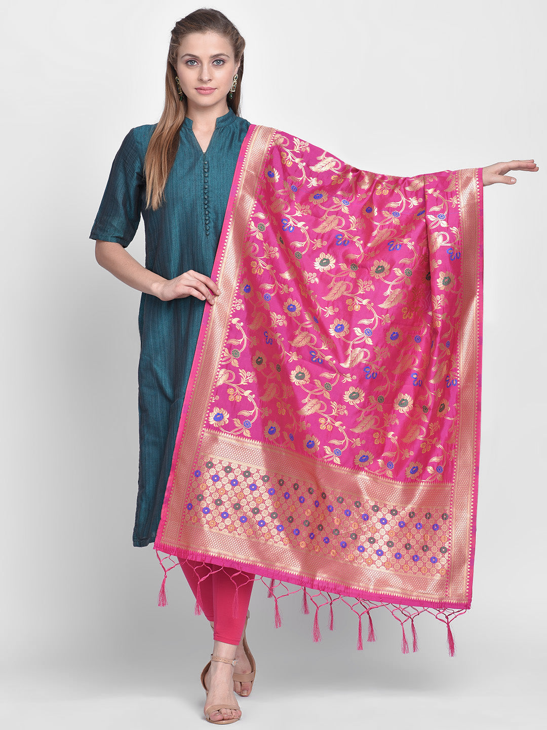 Dupatta Bazaar Woman's Pink Banarasi Silk Dupatta with floral Jaal - Dupatta Bazaar