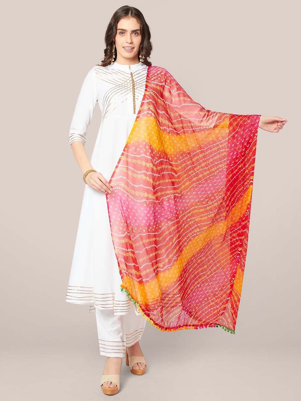 Multicoloured Bandhini Printed chiffon Dupatta with Pompom freeshipping - Dupatta Bazaar