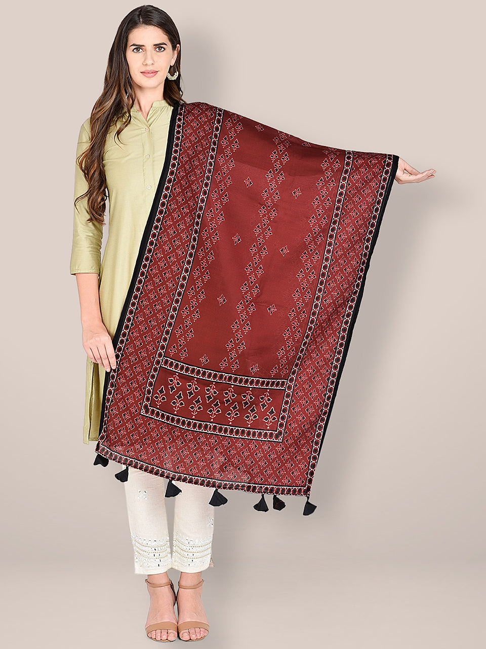 Maroon Kalamkari Printed Blended Silk Dupatta. freeshipping - Dupatta Bazaar