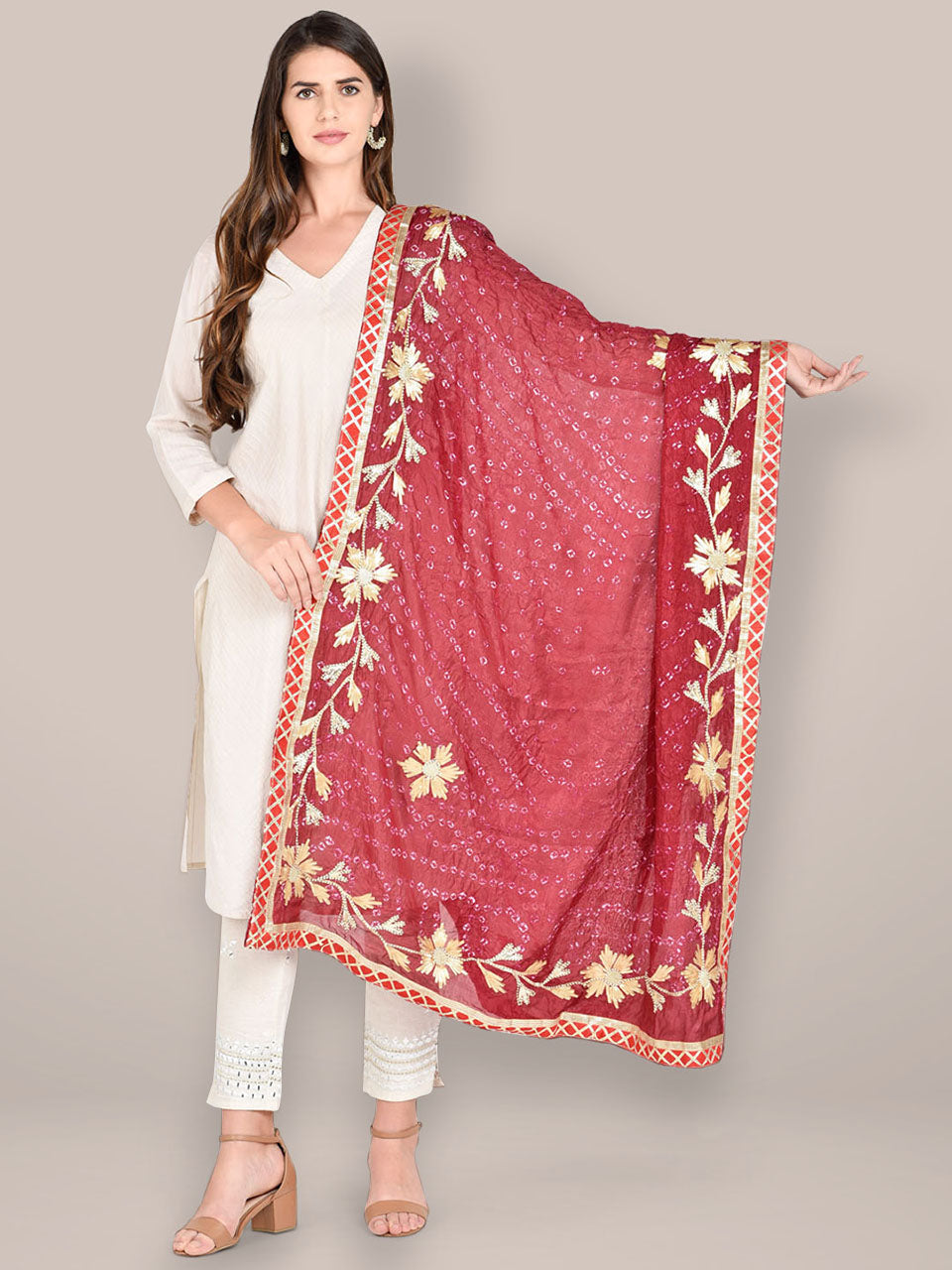 Maroon Bandhini Dupatta with Gotta Patti Work. freeshipping - Dupatta Bazaar