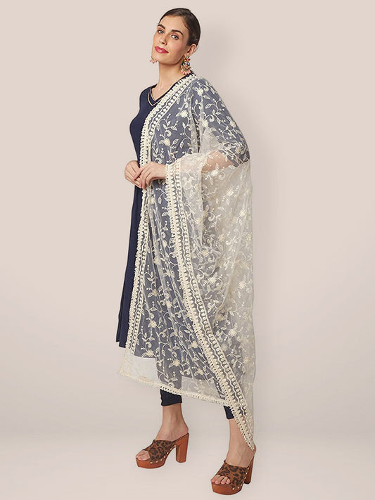 Floral embroidered Off White Net dupatta