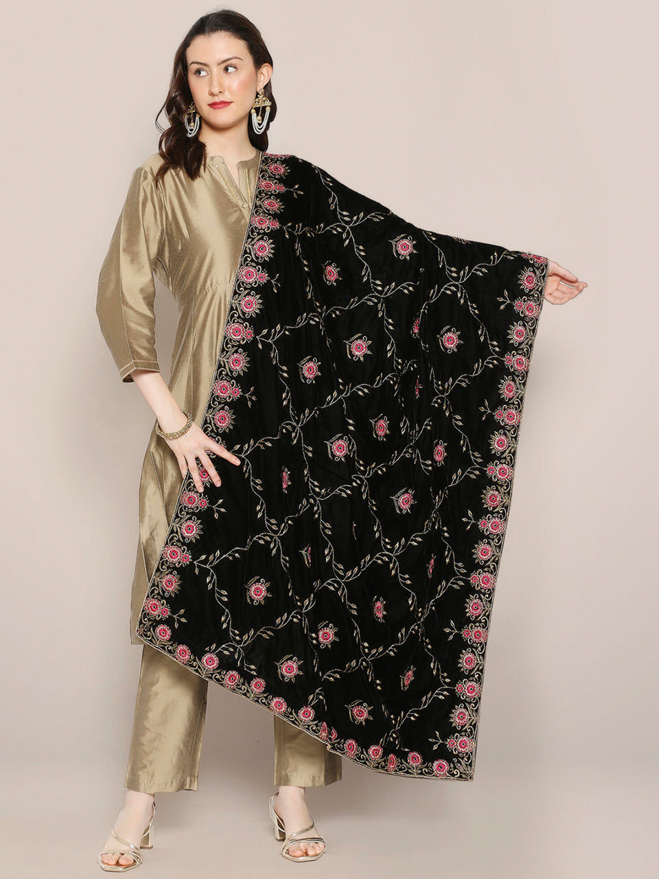 Black Velvet Dupatta with Pink Jaal Embroidery freeshipping - Dupatta Bazaar