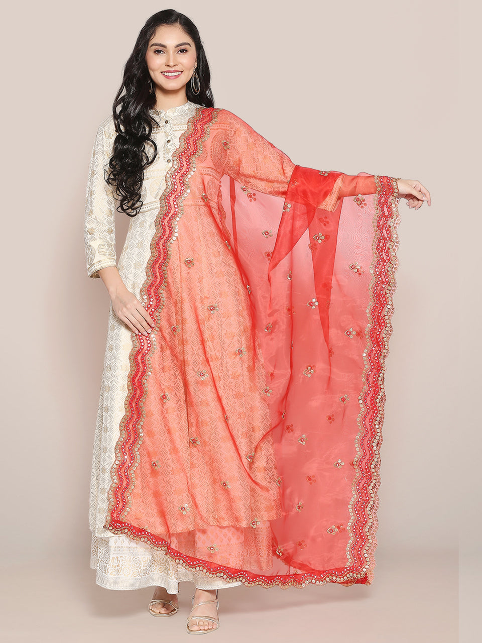 Embroidered Red Glass Tissue Dupatta with Mirror Work freeshipping - Dupatta Bazaar