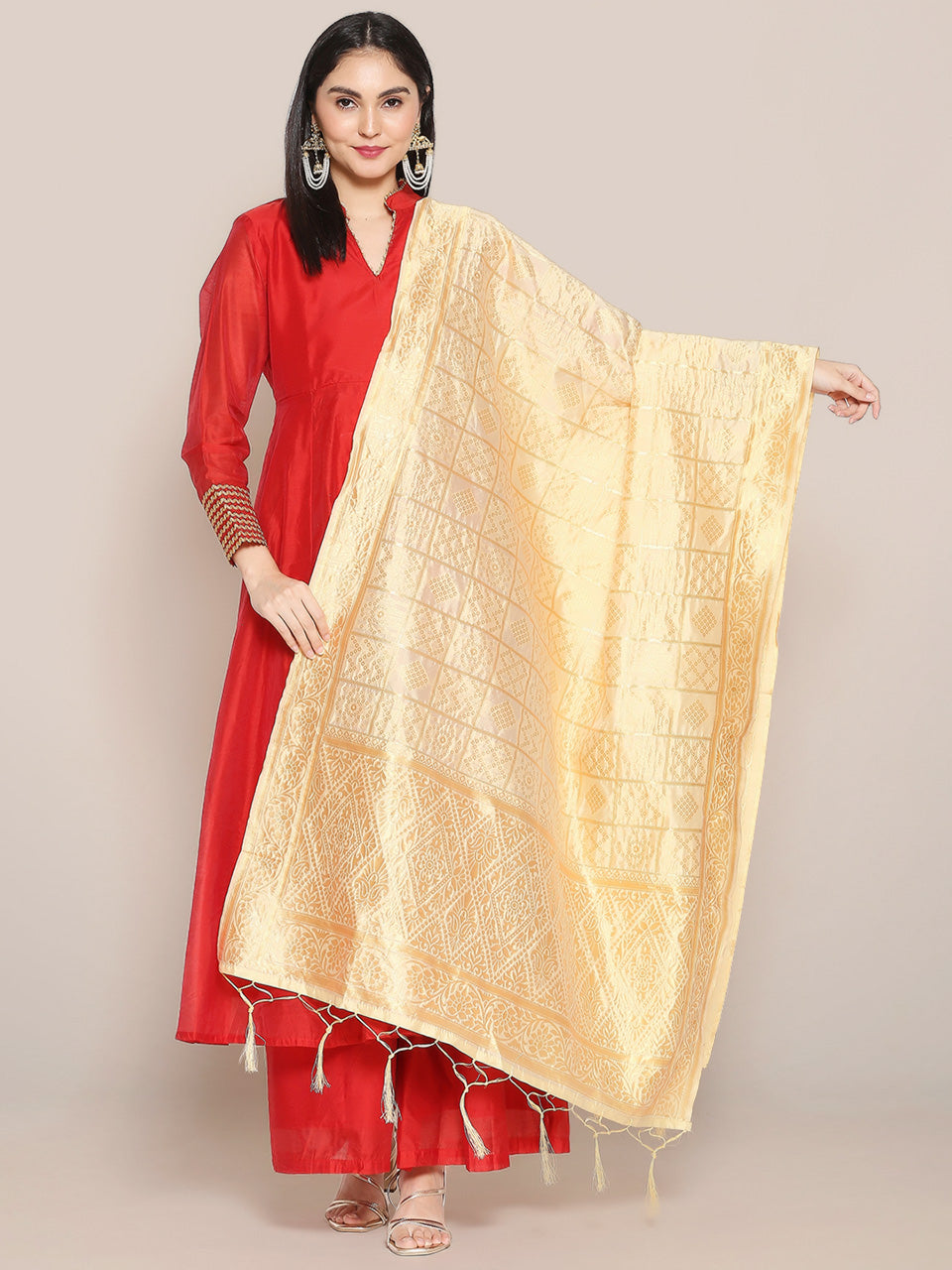 Cream Banarasi Silk Dupatta with Bhandej design. freeshipping - Dupatta Bazaar