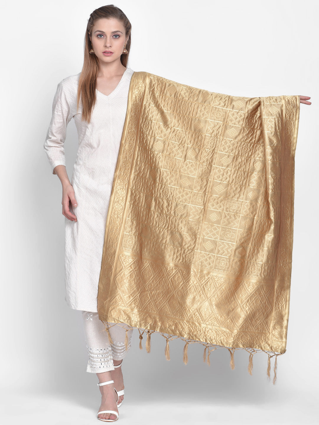 Dupatta Bazaar Woman's Gold Banarasi Silk Dupatta with Bhandej design. - Dupatta Bazaar