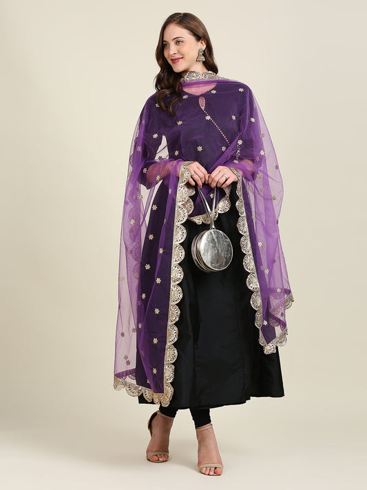 Embroidered Net Dupatta with Scallops