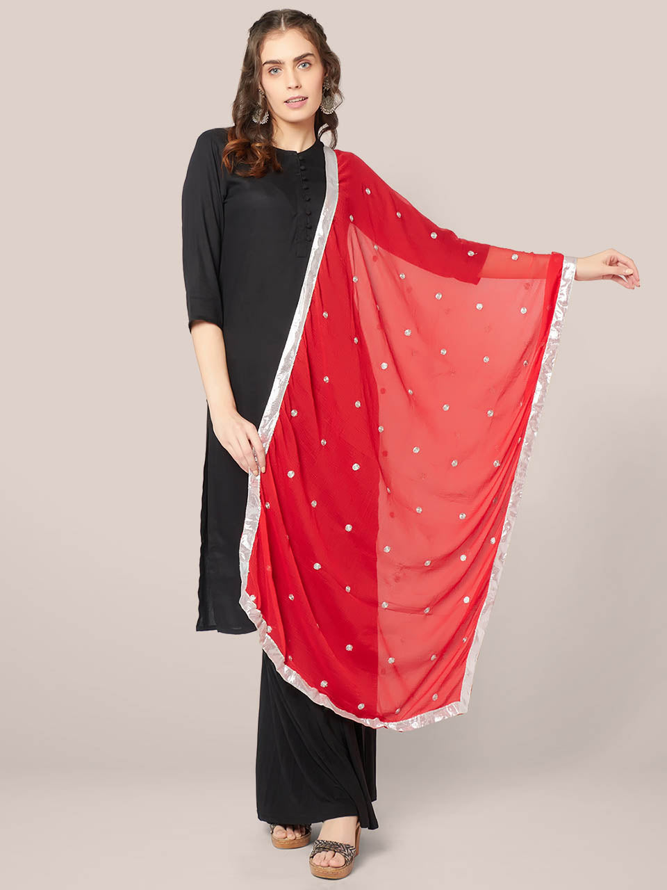 Red Chiffon Dupatta with Silver Embroidery freeshipping - Dupatta Bazaar