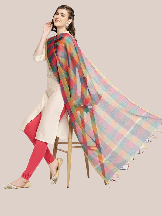 Checkered Blended Cotton Multicolour Dupatta