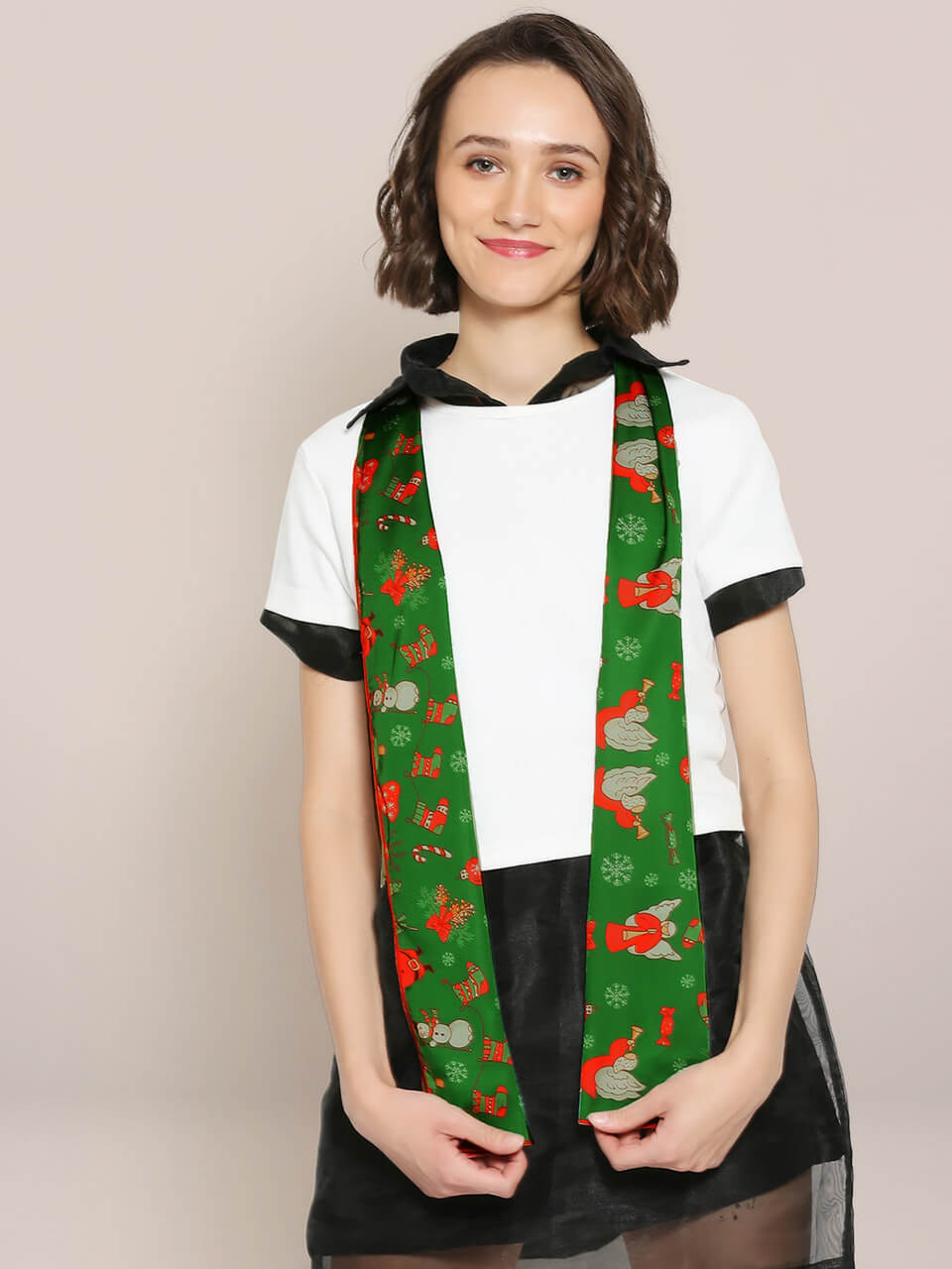 Printed Green Satin Christmas Holiday Scarf/ Stole 
