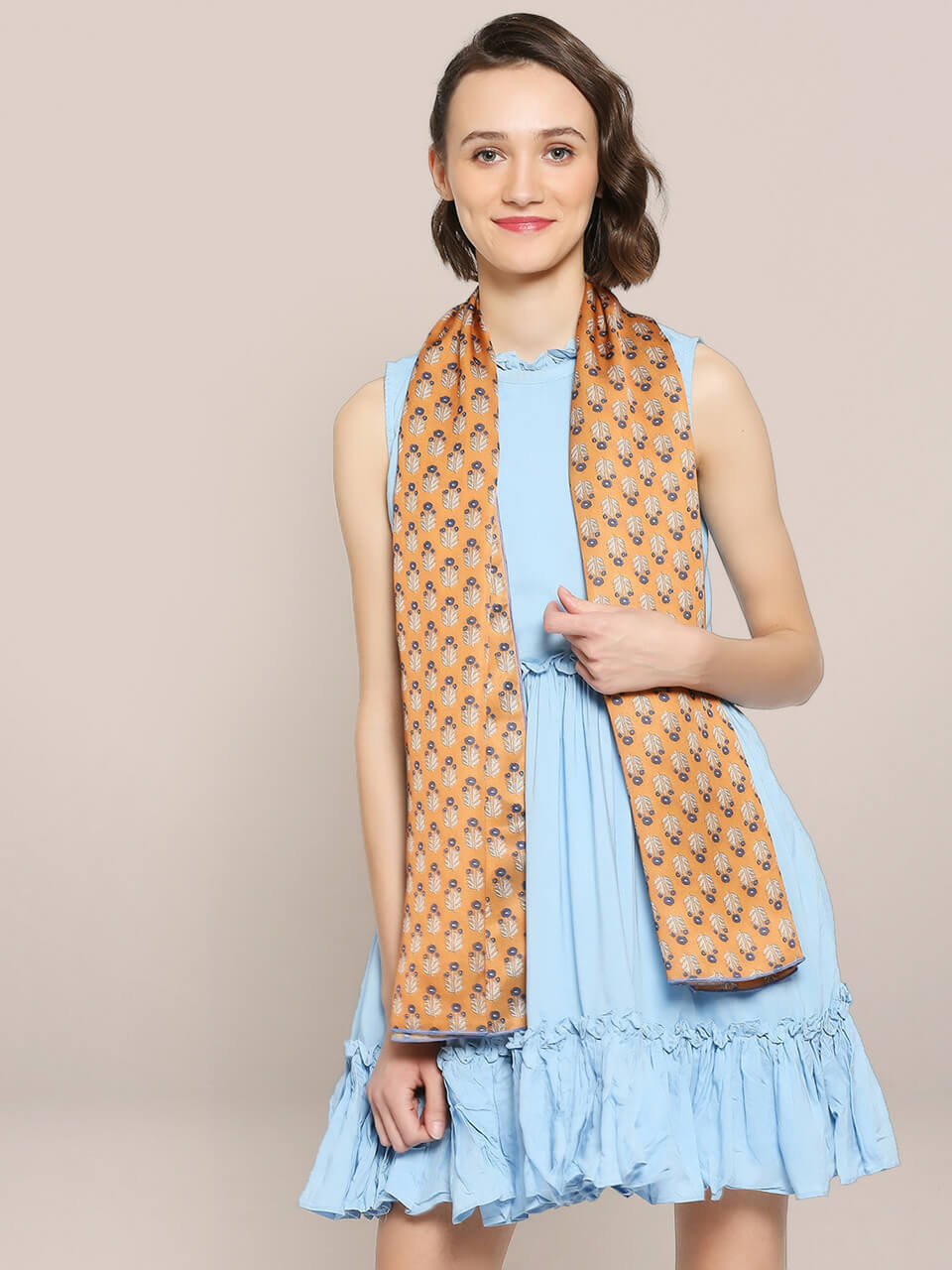 Floral Printed Mustard Satin Scarf