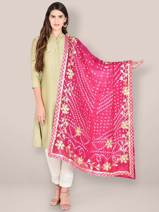 Rani Pink Bandhini Dupatta with Gotta Patti Work. freeshipping - Dupatta Bazaar