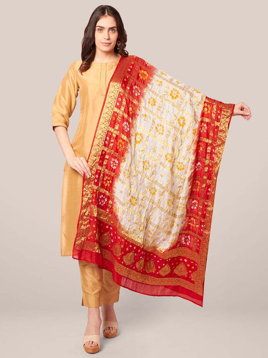 Red & White Banarasi Bandhej Gharchola Silk Dupatta freeshipping - Dupatta Bazaar