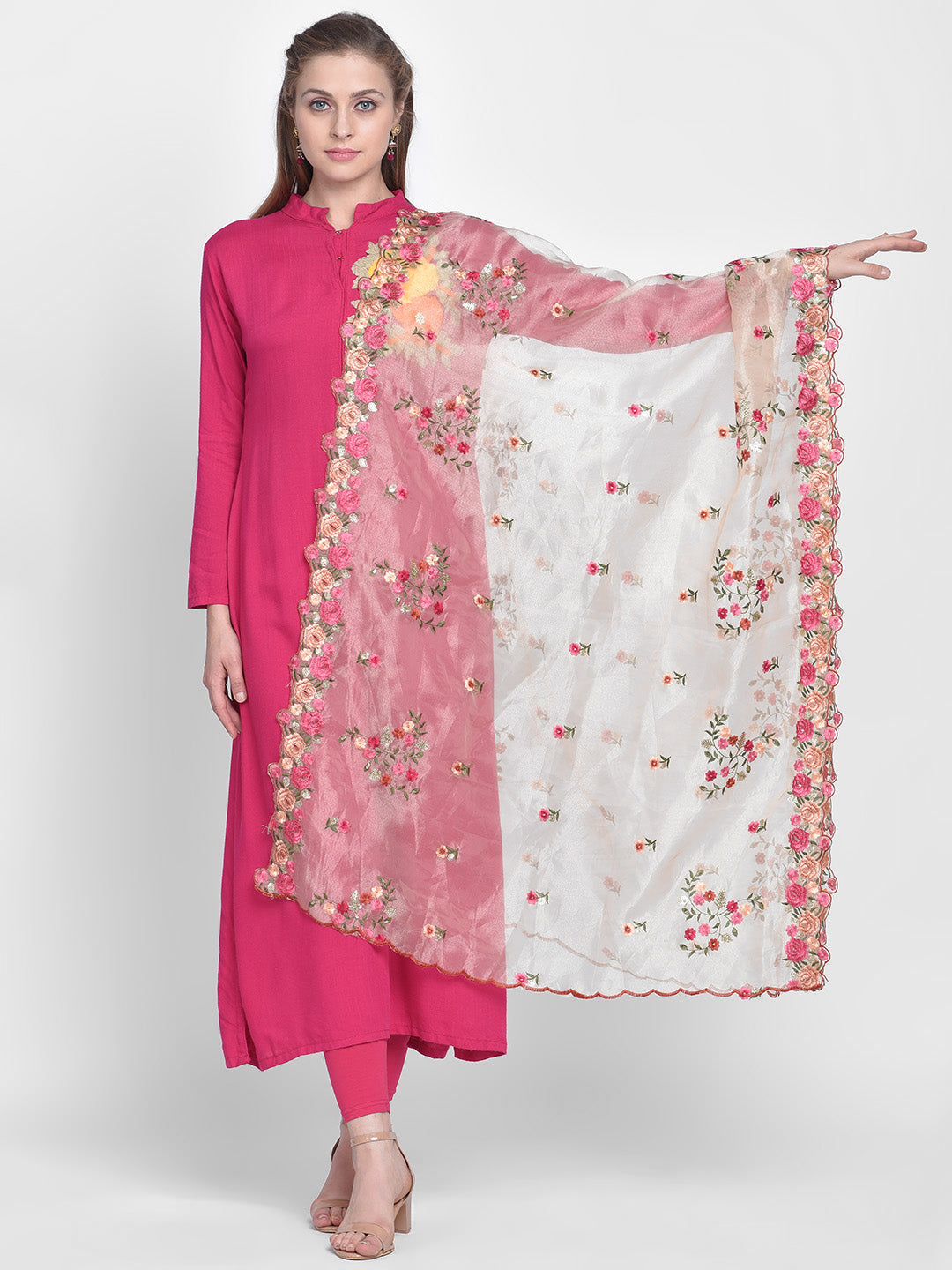 Dupatta Bazaar Woman's Golden Organza Dupatta with Multicolor Floral Embroidery - Dupatta Bazaar