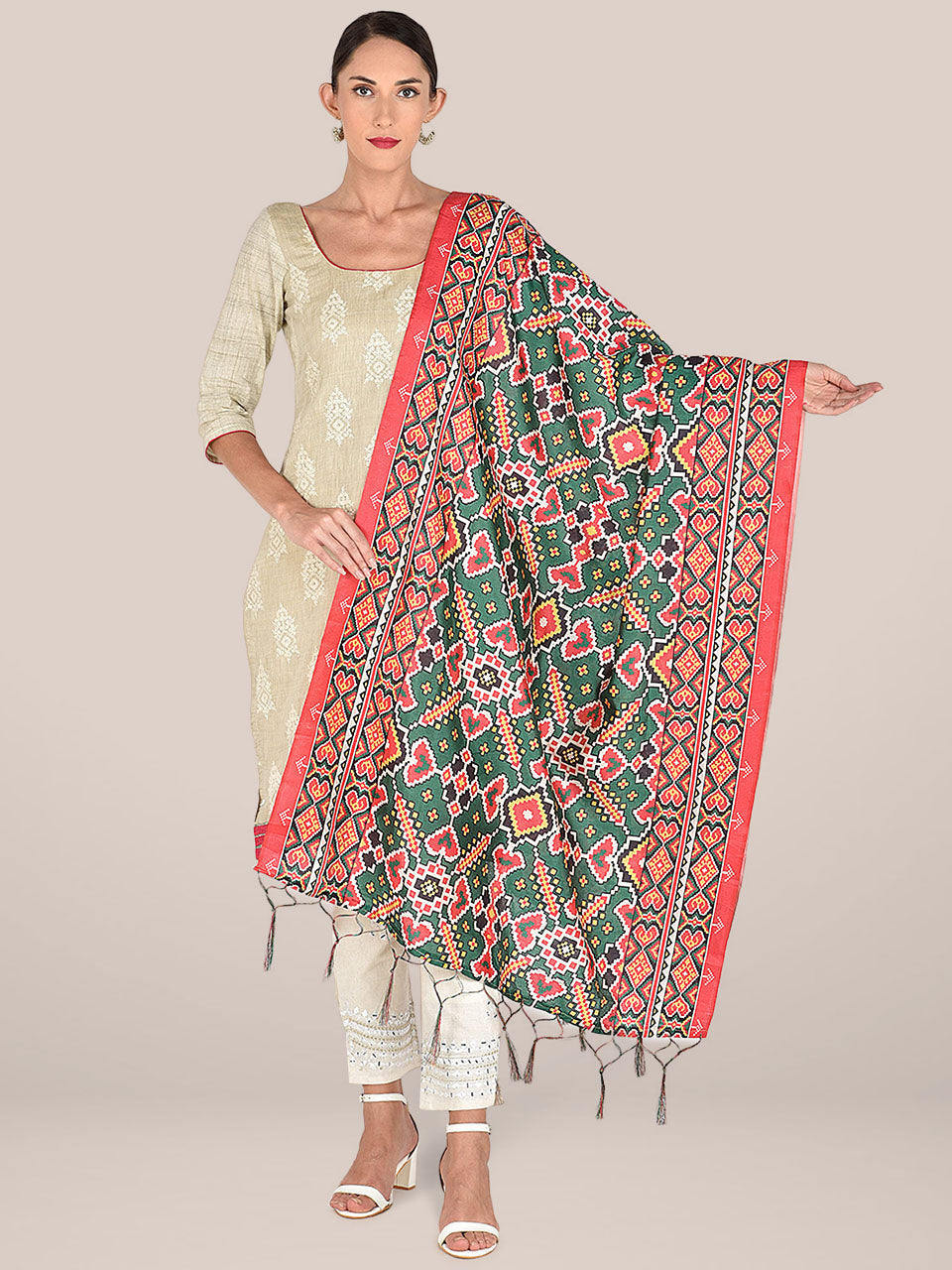 Aztec Printed Green & Red Art Silk Dupatta freeshipping - Dupatta Bazaar
