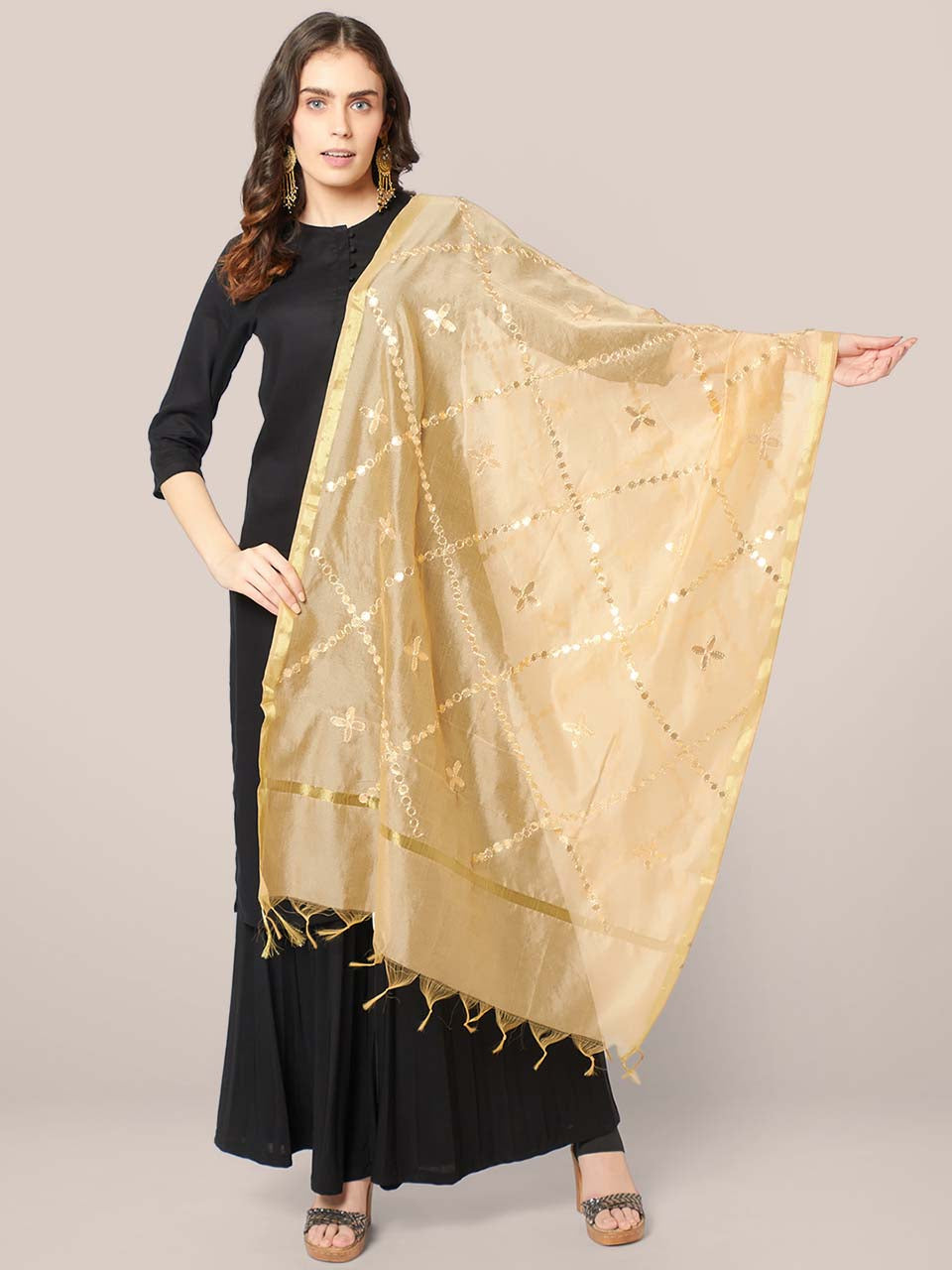 Dupatta Bazaar Woman's Gold Blended Silk Dupatta with Gotta Patti Work freeshipping - Dupatta Bazaar