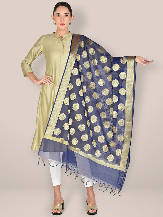 Navy Blue Banarasi Silk Dupatta. freeshipping - Dupatta Bazaar