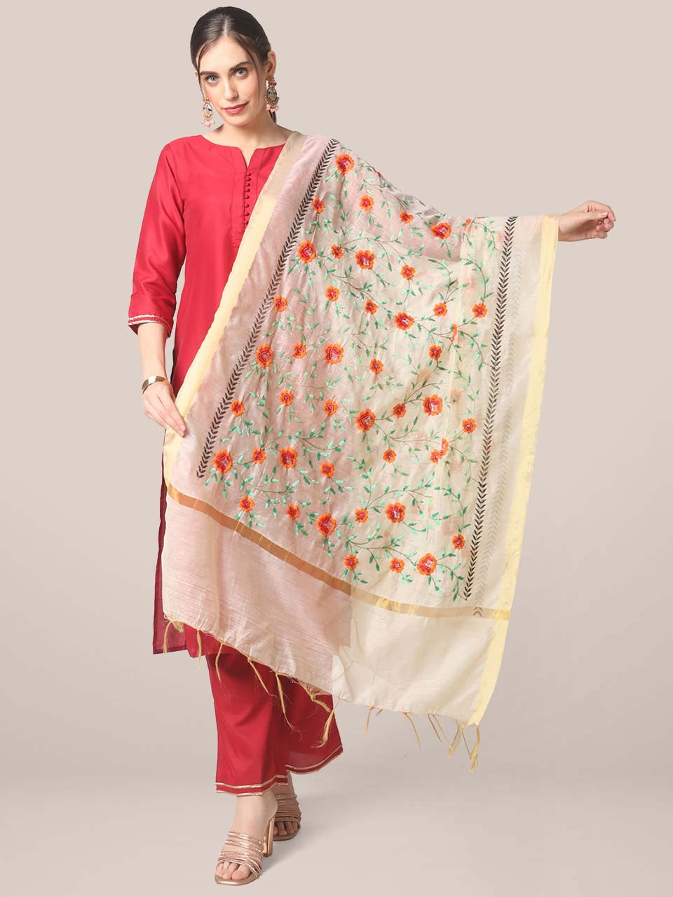 Cream Silk Dupatta with Multicoloured Floral Embroidery freeshipping - Dupatta Bazaar
