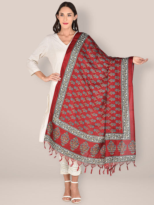 Floral Printed Maroon & Grey Art Silk Dupatta freeshipping - Dupatta Bazaar