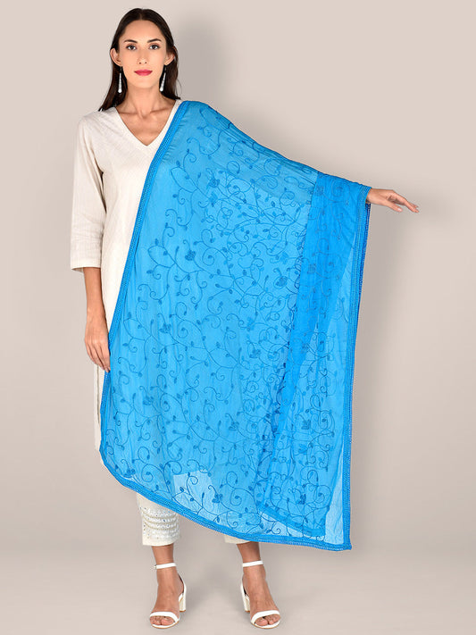 Turquoise Blue Embroidered  Chiffon Dupatta freeshipping - Dupatta Bazaar