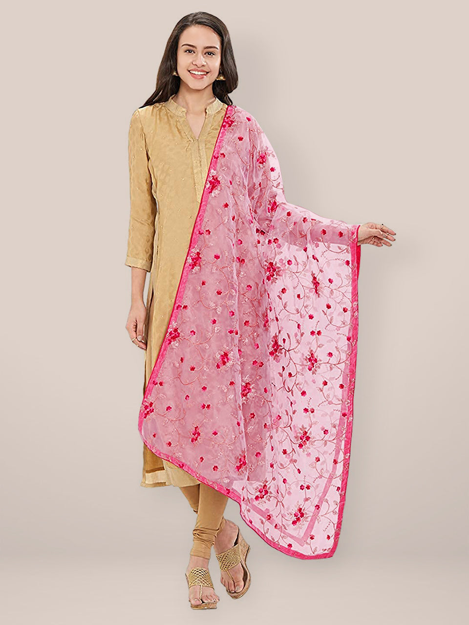 Pink Organza Dupatta with floral Embroidery freeshipping - Dupatta Bazaar