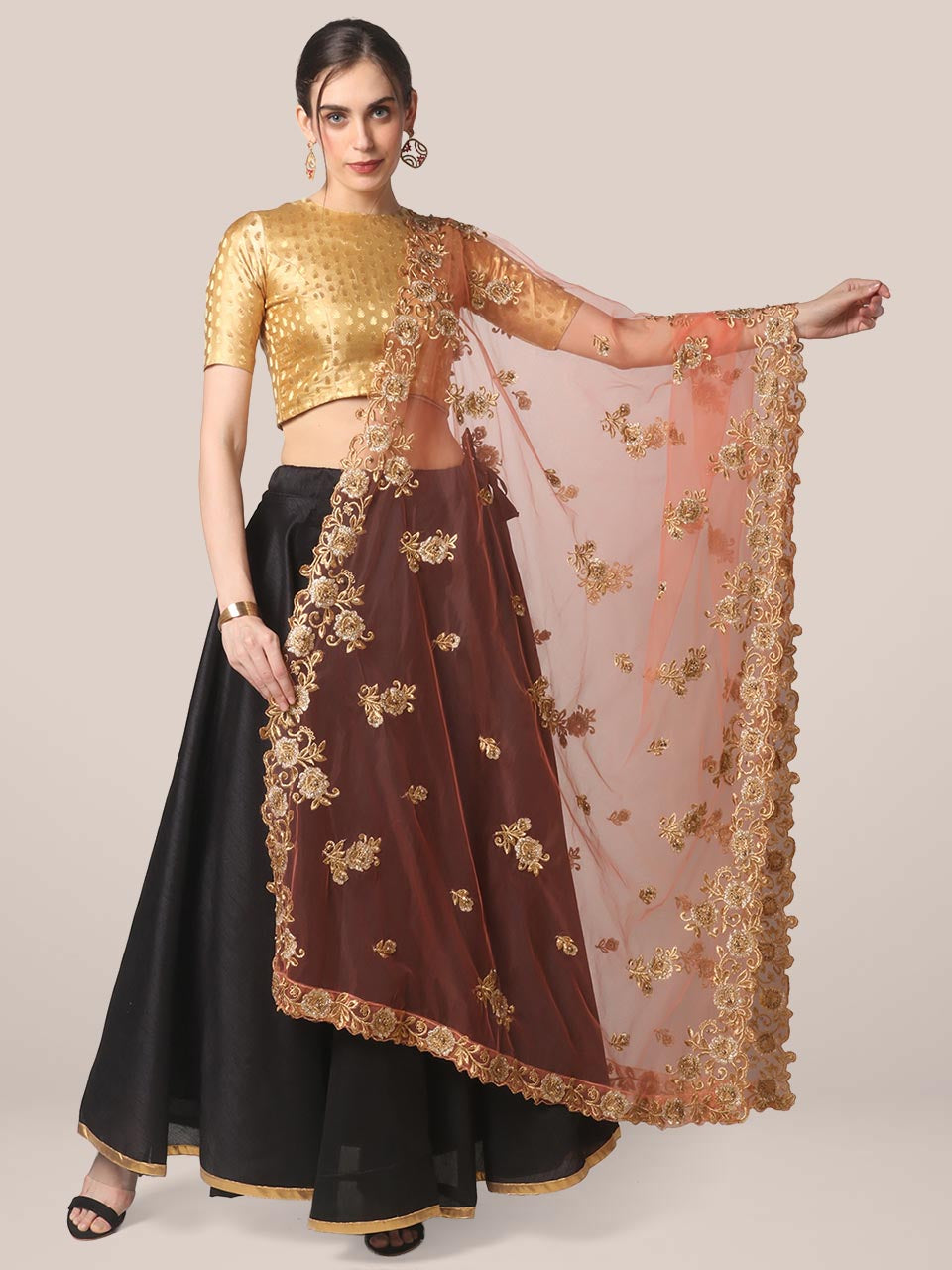 Peach Embroidered Net Dupatta with Cutwork freeshipping - Dupatta Bazaar