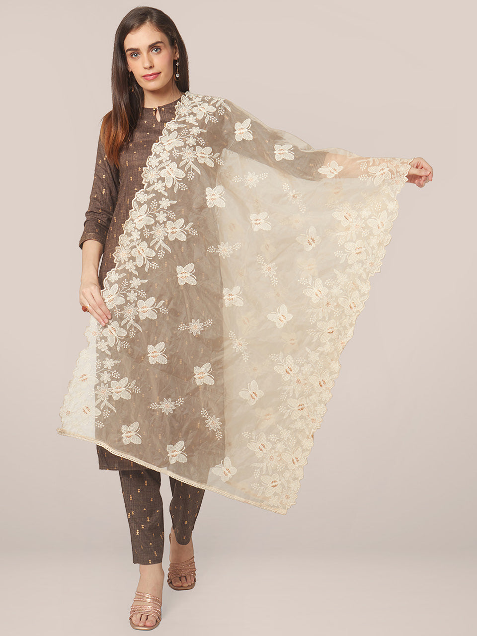 Beige Organza Dupatta with Butterfly Embroidery freeshipping - Dupatta Bazaar